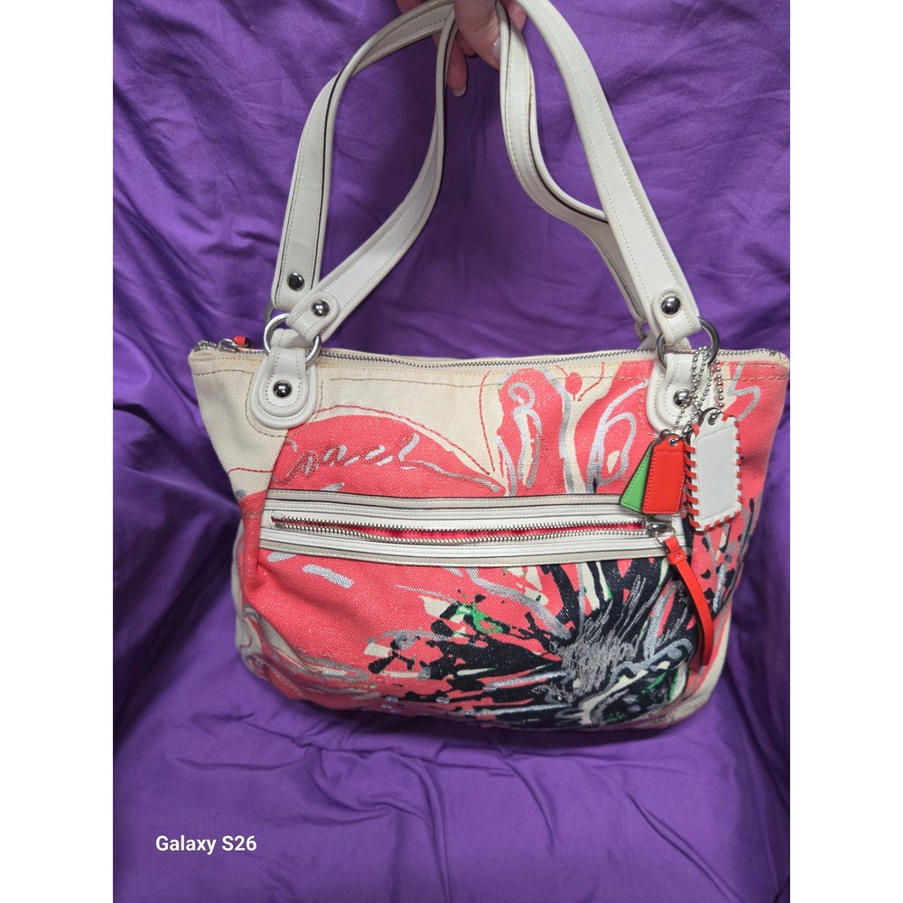 11. Coach Poppy Canvas Floral Graffiti Tote Bag Coral Red Silver Glitter 15886